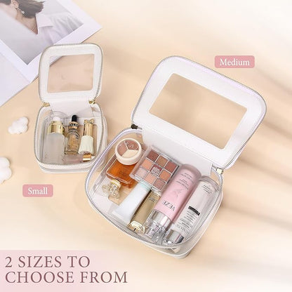 Clear Makeup Bag with Zipper Waterproof Travel Makeup Set for Cosmetics and Toiletries Women's Purse Organizer and Car Essentials (White, M+MINI)
