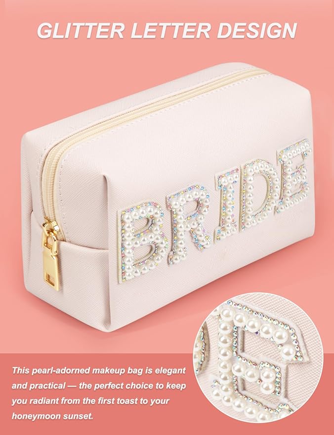 BRIDE Preppy Makeup Bag with Gift Box, Bride Cosmetic Bag for Bridesmaid Engagement, Purse Bridal Shower, Bridal Beauty Prep, Wedding Day