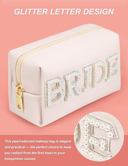 BRIDE Preppy Makeup Bag with Gift Box, Bride Cosmetic Bag for Bridesmaid Engagement, Purse Bridal Shower, Bridal Beauty Prep, Wedding Day