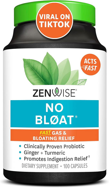 Zenwise Health NO Bloat Probiotics for Women and Men Digestive Health with Ginger, Dandelion, and Lactase, Digestive Enzymes for Gas and Bloating Relief - Vegan Water Retention Pills - 100 CT