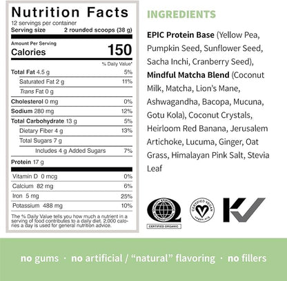 Sprout Living Epic Protein, Plant Based Protein & Superfoods Powder, Mindful Matcha | 17 Grams Organic Protein Powder, Vegan, Non-GMO, Gluten Free, Adaptogens + Nootropics (1 Pound, 12 Servings)