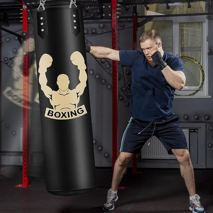 Hanging Punching Bag for Adults, 4FT PU Heavy Bag Boxing Training Equipment with 12OZ Gloves, Reflex Ball, Wristband, Kicking Bag Boxing Set for Training Karate Kickboxing Home Gym(Unfilled)