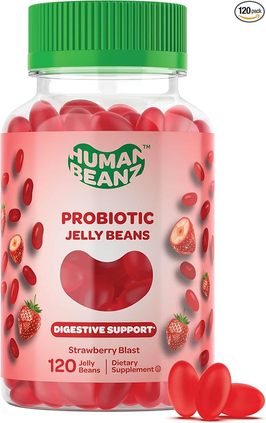 Probiotic Jelly Bean Gummies for Men and Women, Probiotic Supplements for Digestive Health, Nutritional Vegetarian Supplements, 120 Strawberry Blast Jelly Beans, Kosher