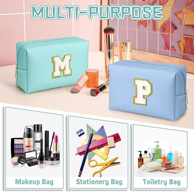 TOPEAST Initial Makeup Bags for Women, Personalized Portable Cosmetic Bag for Travel, Cute Makeup Pouch, PU Leather Waterproof Toiletry Bag, Preppy Things for Girl (Blue V)