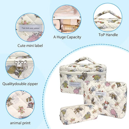 Quilted Makeup Bag, Large Capacity Travel Cosmetic Bag for Women and Girls, Aesthetic Storage for Daily and Travel Use (3pcs-CatAnimalPrint)