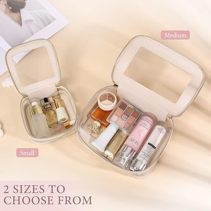 Clear Makeup Bag with Zipper Waterproof Travel Makeup Set for Cosmetics and Toiletries Women's Purse Organizer and Car Essentials (Beige, M+MINI)