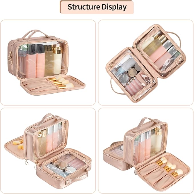 OCHEAL Makeup Bag, Double Layer Cosmetic Bag, Large Capacity New Look Clear Cosmetic Case for Women Travel Beauty Essentials, Multiple Compartments Makeup Case Organizer Zipper Pouch -Rose Glod