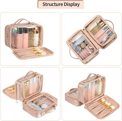 OCHEAL Makeup Bag, Double Layer Cosmetic Bag, Large Capacity New Look Clear Cosmetic Case for Women Travel Beauty Essentials, Multiple Compartments Makeup Case Organizer Zipper Pouch -Rose Glod