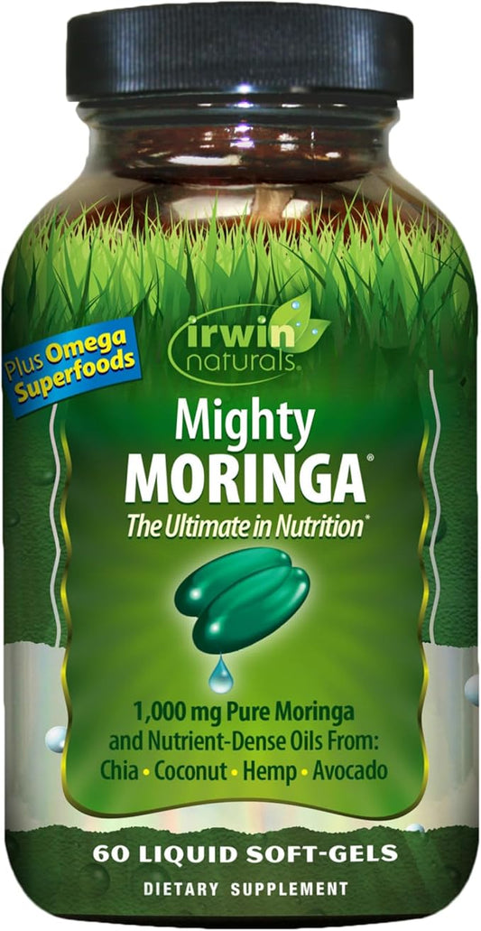 Irwin Naturals Mighty Moringa 1,000 mg - 60 Liquid Softgels - with Chia, Coconut, Hemp, Avacado & Omega Superfoods - 30 Total Servings