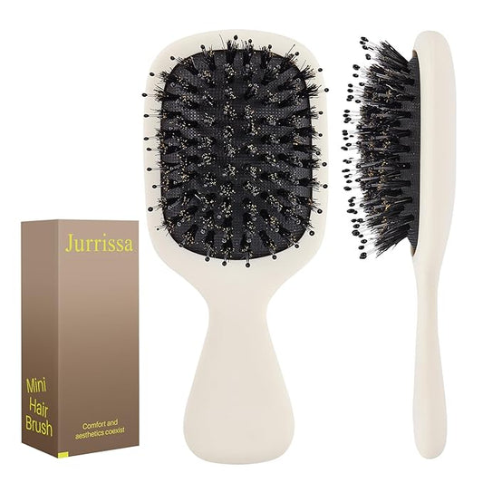 Mini Boar Bristles Hair Bursh, Travel Size Hair Brush for Women Men Kids, Protable Small Hair Brush for Pockets Purses, Mini Detangler Brush for Smooth Add Shine(White)