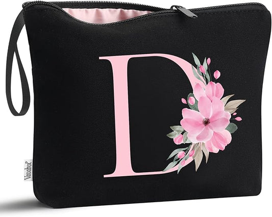 Vavabox A-Z Personalized Makeup Bag, Birthday Gifts for Women Mom, Gifts for Best Friend, Bride Bridesmaid Cosmetic bag (D, Black)