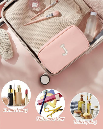 Vlando Gifts for Girls Initial Makeup Bag Personalized Makeup Bag witt Pearl Cute Travel Toiletry Bag Preppy Makeup Pouch Birthday Gift for Teen Girls Women Daughter J