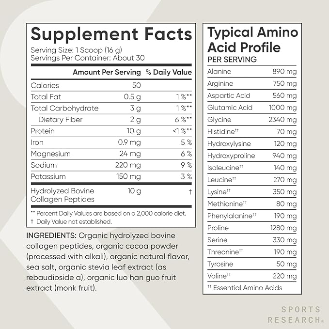 Sports Research Organic Collagen Peptides (Dark Chocolate) - Hydrolyzed Type I & III Collagen Protein Powder with Amino Acids - USDA Organic, Gluten Free, Sustainably Sourced - 30 Servings