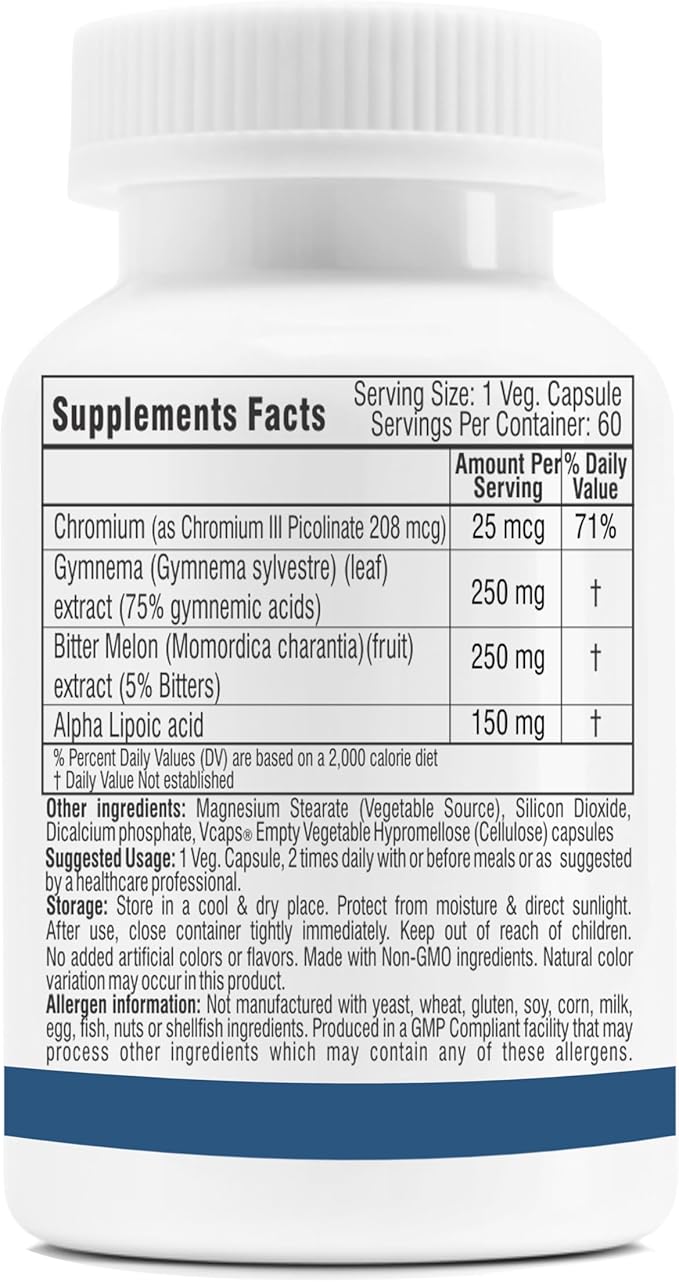 Trexgenics Metabolism Support with GYMNEMA 75% Gymnenic Acid 150 mg, Bitter Melon 5% Bitters 150 mg, Chromium & Alpha LIPOIC ACID150mg(60 Vegan Capsules) (Pack of 1)