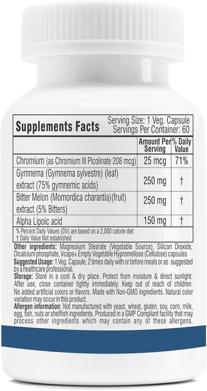 Trexgenics Metabolism Support with GYMNEMA 75% Gymnenic Acid 150 mg, Bitter Melon 5% Bitters 150 mg, Chromium & Alpha LIPOIC ACID150mg(60 Vegan Capsules) (Pack of 1)