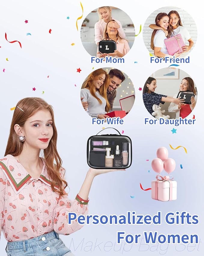 Wandering Nature Clear Makeup Bags 2 Pack Personalized Initial Makeup Pouch Preppy Small Cosmetic Pouch Organizer Travel Toiletry Bag, Birthday Gifts for Girlfriend Women