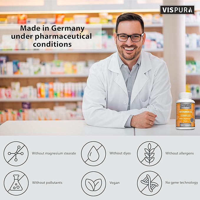 Vitamin B-Complex, 180 Vegan Tablets, All B Vitamins Including B12, B1, B2, B3, B5, B6, B7, B9, Folic Acid, for Stress, Energy and Healthy Immune System*, Natural Supplement Without Additives
