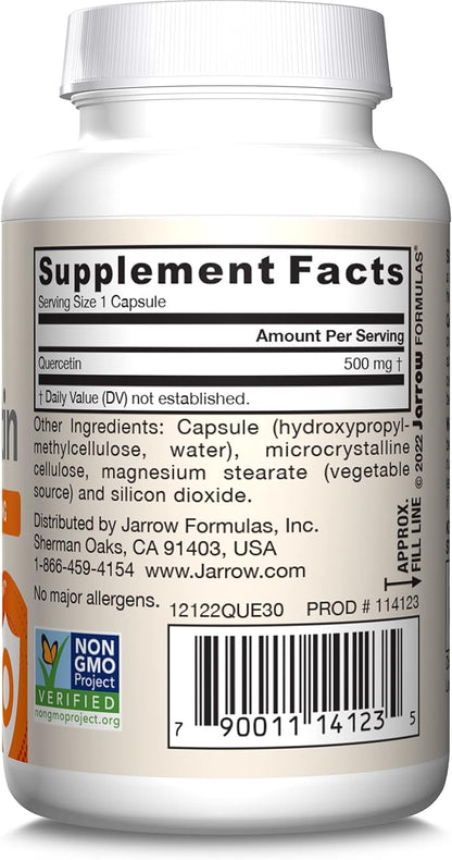 Jarrow Formulas Quercetin 500 mg, Dietary Supplement, Antioxidant Support for Cardiovascular and Immune Health, 30 Veggie Capsules, 30 Day Supply
