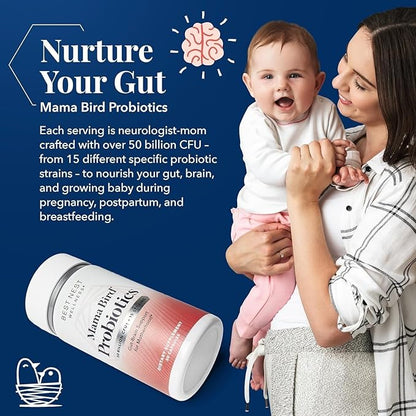 Best Nest Wellness Mama Bird Probiotics - Digestive Health Supplement Aids Gut - Brain Support - 50 Billion CFU Multi-Probiotic Supplement for Women - Supports Healthy Gut Biome - 30 Capsules