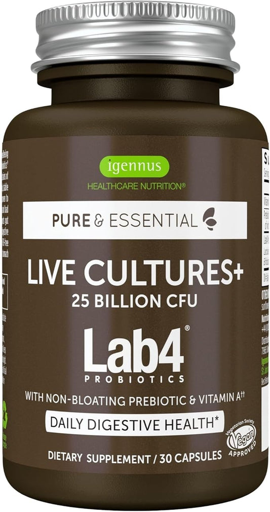 Live Cultures+ Lab4 Probiotics & Prebiotic, Lactobacillus Acidophilus & Bifidobacterium, Guaranteed 25 Billion CFU,Vegan, Non-Bloating Gut Health Support, Non-GMO, 30 Capsules, by Igennus
