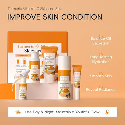 Skin Care Set, Turmeric Skincare Set for Acne Treament, Facial Turmeric Skin Care Sets & Kits for Teenage Girls with Turmeric Cleanser,Serum,Cream,Toner,Eye Cream, Facial Beauty Skincare Gifts
