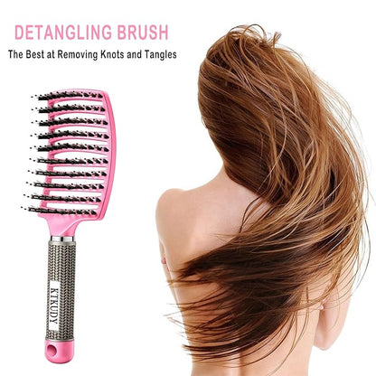 KTKUDY Detangling Brush Boar Bristles Hairbrush Make Hair Shiny & Healthier Curved and Vented Detangler Brush for Women Men Kids Wet & Dry Hair (Pink)