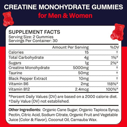 Creatine Monohydrate Gummies for Women & Men, Taurine & B6, Chewable Creatine Pre Workout Gummies for Max Strength & Muscle Growth, Energy, Endurance, Creatine for Men & Women, 5g Per Serving - 1 Pack