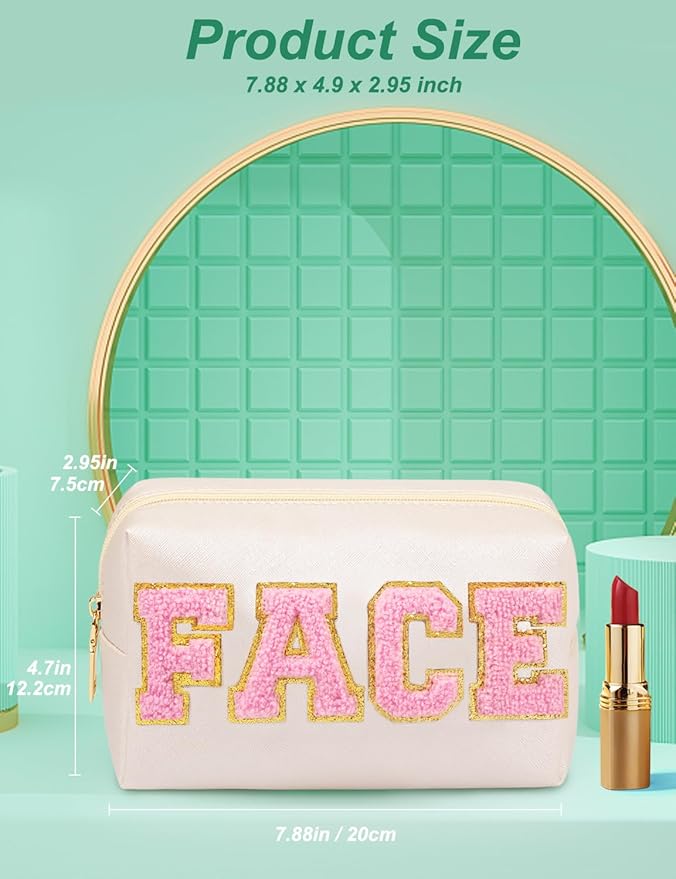 Preppy Makeup Bag, Synthetic Leather Patch Cosmetic Bag with FACE Chenille Letter for Skin Care, Gift for Girlfriend or Wife, Present for Girls, Daughter, Sister and Mother(Beige)