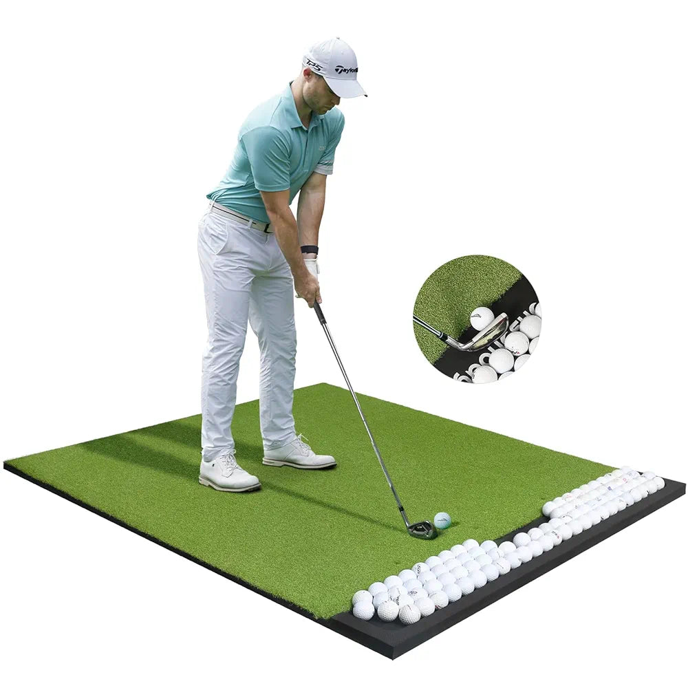 Integrated 5x4ft & 6x4ft Golf Mat with Ball Tray, Thickening Golf Mats Practice Outdoor & Indoor, Artificial Turf Matt with 3 Tees for Hitting, Driving, Chipping, Swing in Backyard, Garage or Basement