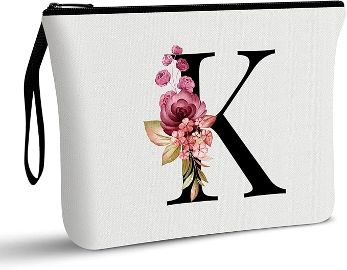 Vavabox A-Z Personalized Makeup Bag, Birthday Gifts for Women Mom, Gifts for Best Friend, Bride Bridesmaid Cosmetic bag (K, White)