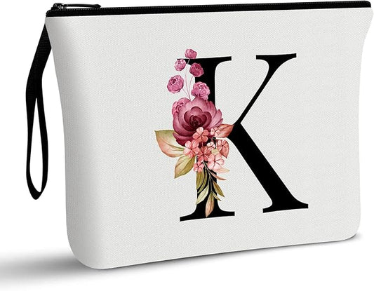Vavabox A-Z Personalized Makeup Bag, Birthday Gifts for Women Mom, Gifts for Best Friend, Bride Bridesmaid Cosmetic bag (K, White)
