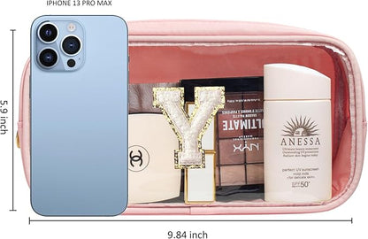 LETGO Initial Make Up Bag Travel Toiletry Organizer - Clear Cosmetic Bag - Pink Gift for Women, Teen, Girlfriend, Teacher, Mom, Birthday (Pink)