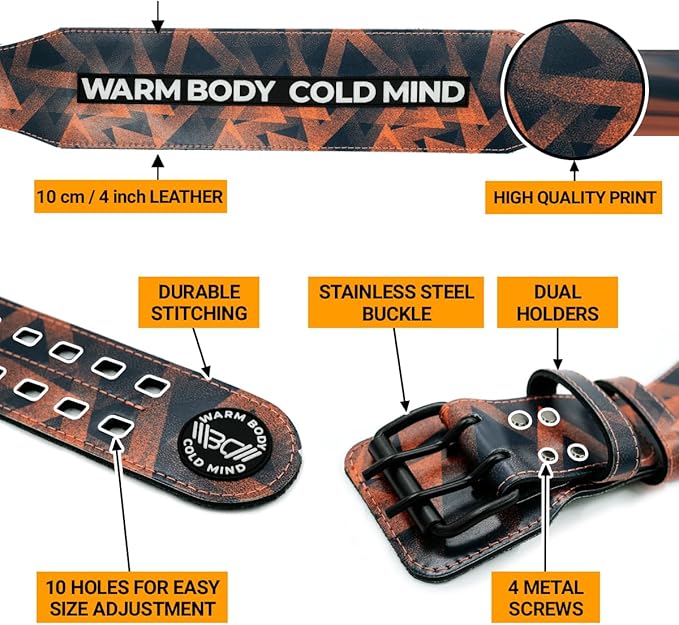 WARM BODY COLD MIND Leather Weight Lifting Belt 4" Adjustable