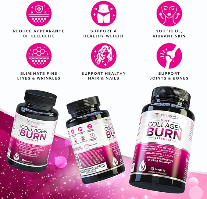 Multi Collagen Burn: Multi-Type Hydrolyzed Protein Peptides with Hyaluronic Acid, Vitamin C, SOD B Dimpless, Types I, II, III, V and X Collagen, Caffeine-Free (Unflavored Capsules)