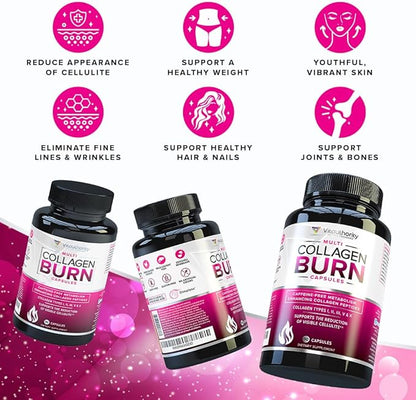 Multi Collagen Burn: Multi-Type Hydrolyzed Protein Peptides with Hyaluronic Acid, Vitamin C, SOD B Dimpless, Types I, II, III, V and X Collagen, Caffeine-Free (Unflavored Capsules)