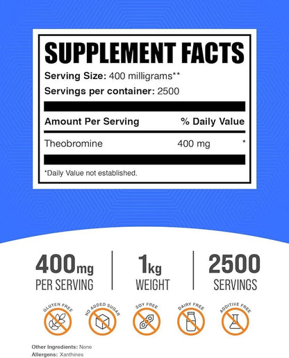 BulkSupplements.com Theobromine Powder - Theobromine Supplement, Nootropic Supplement - Energy Support, Gluten Free, 400mg per Serving, 2500 Servings, 1kg (2.2 lbs) (Pack of 1)