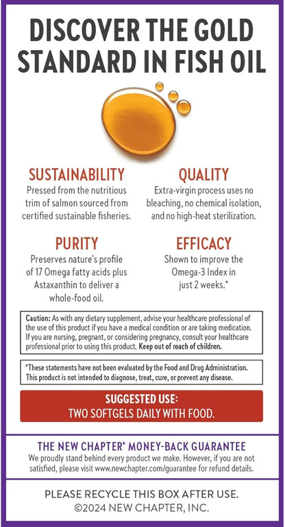 New Chapter Wholemega Fish Oil Supplement - Wild Alaskan Salmon Oil with Omega-3 + Vitamin D3 + Astaxanthin + Sustainably Caught - 120 ct, 1000mg Softgels