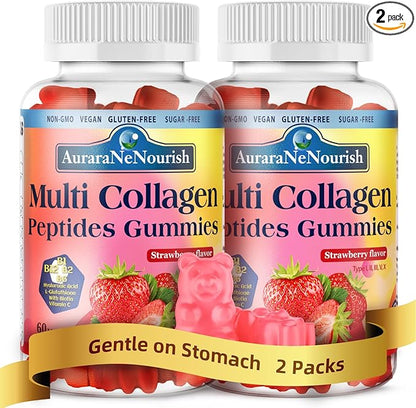 2 Pack Multi Collagen Peptides Gummies, Sugar Free Hydrolyzed 5000mg Protein丨Type I,II,III,V,X with Biotin Hyaluronic Acid Vitamin C A D B6 B12 L-Glutathione for Skin Hair Nail & Joint -StrawBerry