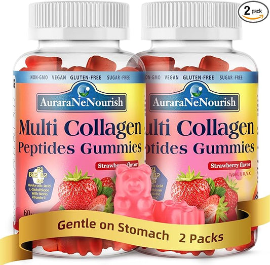 2 Pack Multi Collagen Peptides Gummies, Sugar Free Hydrolyzed 5000mg Protein丨Type I,II,III,V,X with Biotin Hyaluronic Acid Vitamin C A D B6 B12 L-Glutathione for Skin Hair Nail & Joint -StrawBerry
