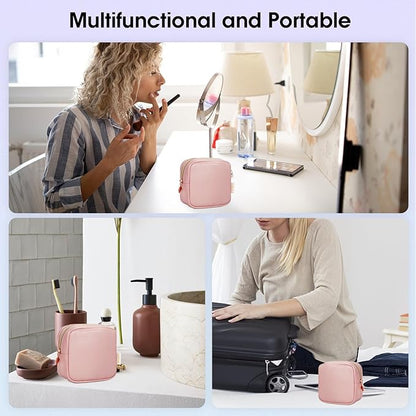 Wandering Nature Small Makeup Bag for Purse Mini Make up Pouch Cute Cosmetic Pouch for Women with Slip-in Pockets Matte Leather, Pink