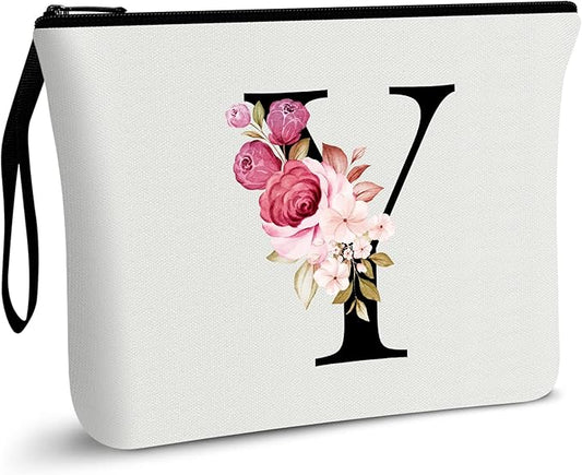 Vavabox A-Z Personalized Makeup Bag, Birthday Gifts for Women Mom, Gifts for Best Friend, Bride Bridesmaid Cosmetic bag (Y, White)