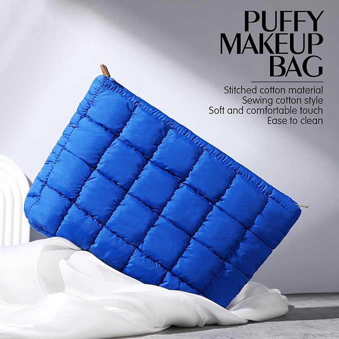 Hillban Puffy Quilted Makeup Bag Quilted Cosmetic Bag Cute Puffer Toiletry Checkered Pouch Aesthetic Travel Makeup Brushes Organizer(Blue,Classic)