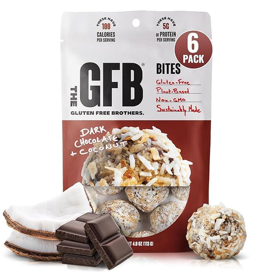 The Gluten Free Brothers Dark Chocolate Coconut Bites - Gluten Free Protein Balls – Non GMO, Soy Free, Vegan – Snack Size Plant Based Protein Energy Balls, 4 oz (6 Count)