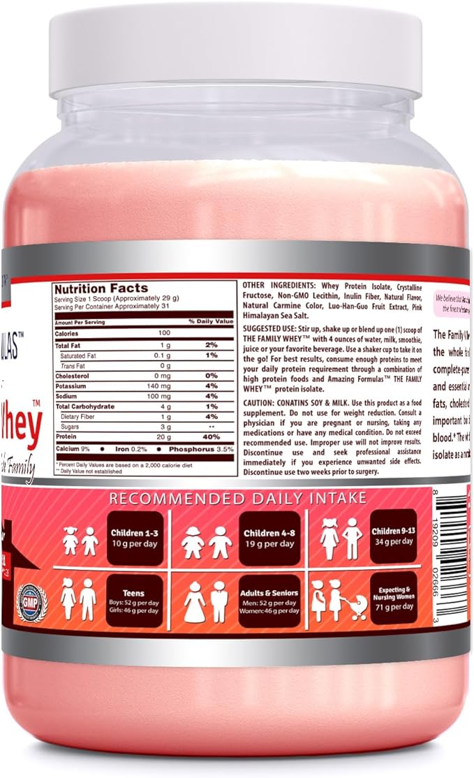 Amazing Formulas The Family Whey Protein (Isolate) Powder for The Whole Family - 2 lbs - Most Complete & Purest Form of Protein - Gluten Free (Strawberry)