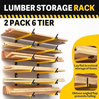 GREENER Lumber Storage Rack Folding Wood Storage Racks Wall-Mounted Metal Racks for Storage with 6-Level Heavy Duty Garage Wood Organizer for Woodworking Shop Indoor & Outdoor Use, 2 pairs,Yellow