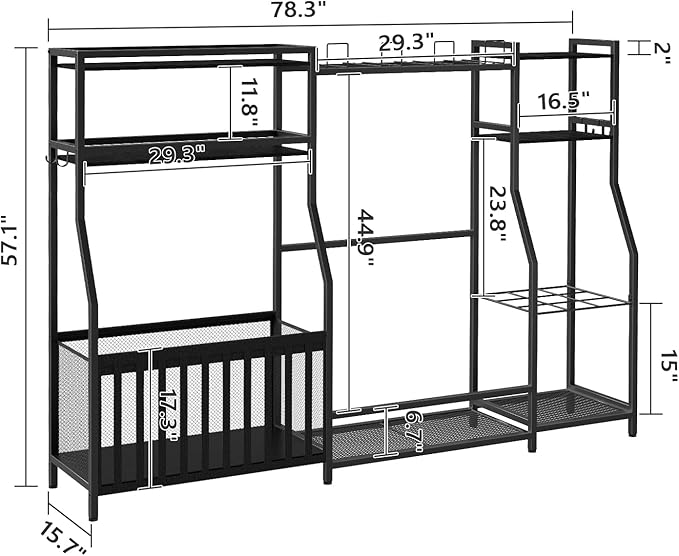 Sports Equipment Storage for Garage, Large Size Garage Storage,78.3" Ball Storage Rack, Sports Equipment Organizer with Hooks, Ball Holder for Football, Basketball, Black BEHB17201