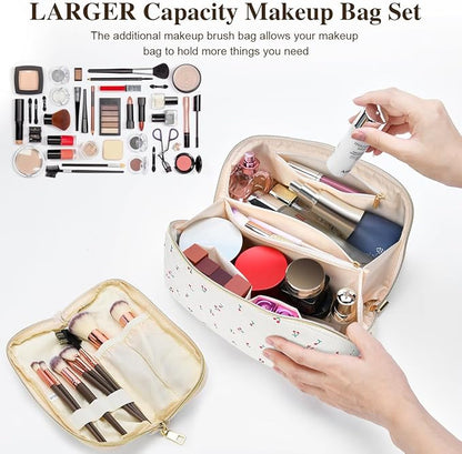 Travel Makeup Bag Set, 2Pcs Large Capacity Travel Make up Bag Corduroy Cosmetic Bag for Girls, Leopard Cute Toiletry Toiletry Bag for Women Wide Open Portable Cotton Stuff Bag with Divider & Handle