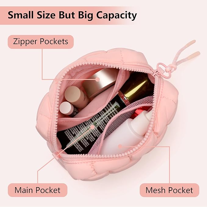 Quilted Cosmetic Bag, Puffer Makeup Bags, Crossbody Purses for women,Cute Travel Toiletry Bag for Women (Pink)