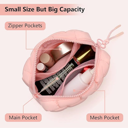 Quilted Cosmetic Bag, Puffer Makeup Bags, Crossbody Purses for women,Cute Travel Toiletry Bag for Women (Pink)