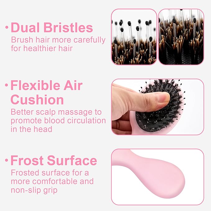 Mini Boar Bristles Hair Bursh, Travel Size Hair Brush for Women Men Kids, Protable Small Hair Brush for Pockets Purses, Mini Detangler Brush for Smooth Add Shine (1 Pack-Pink)